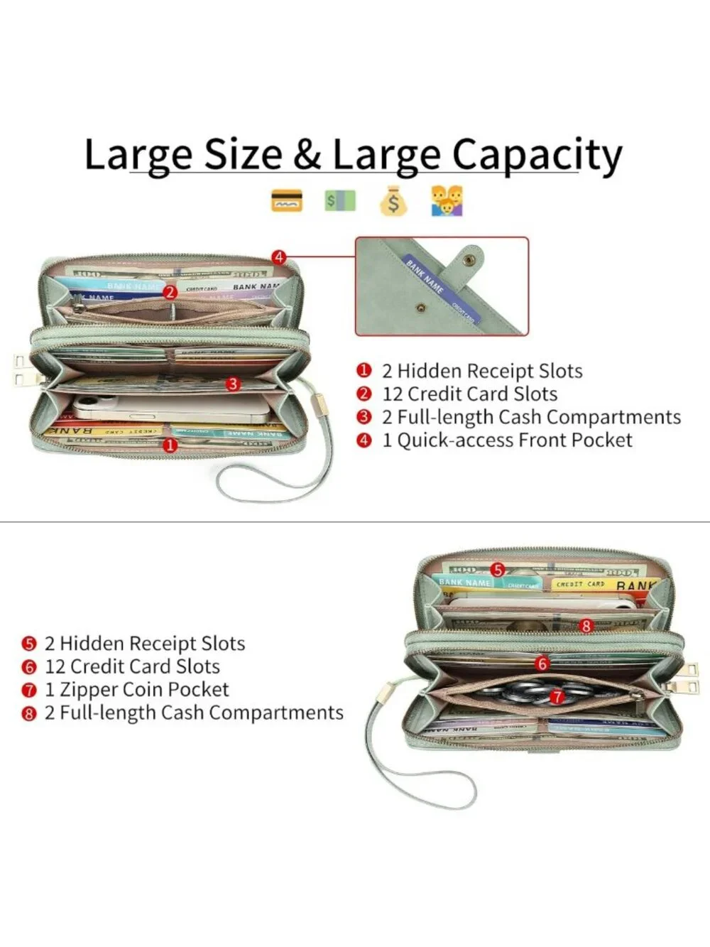 Stylish Large Capacity RFID Blocking Leather Wallet - Double Zipper Clutch